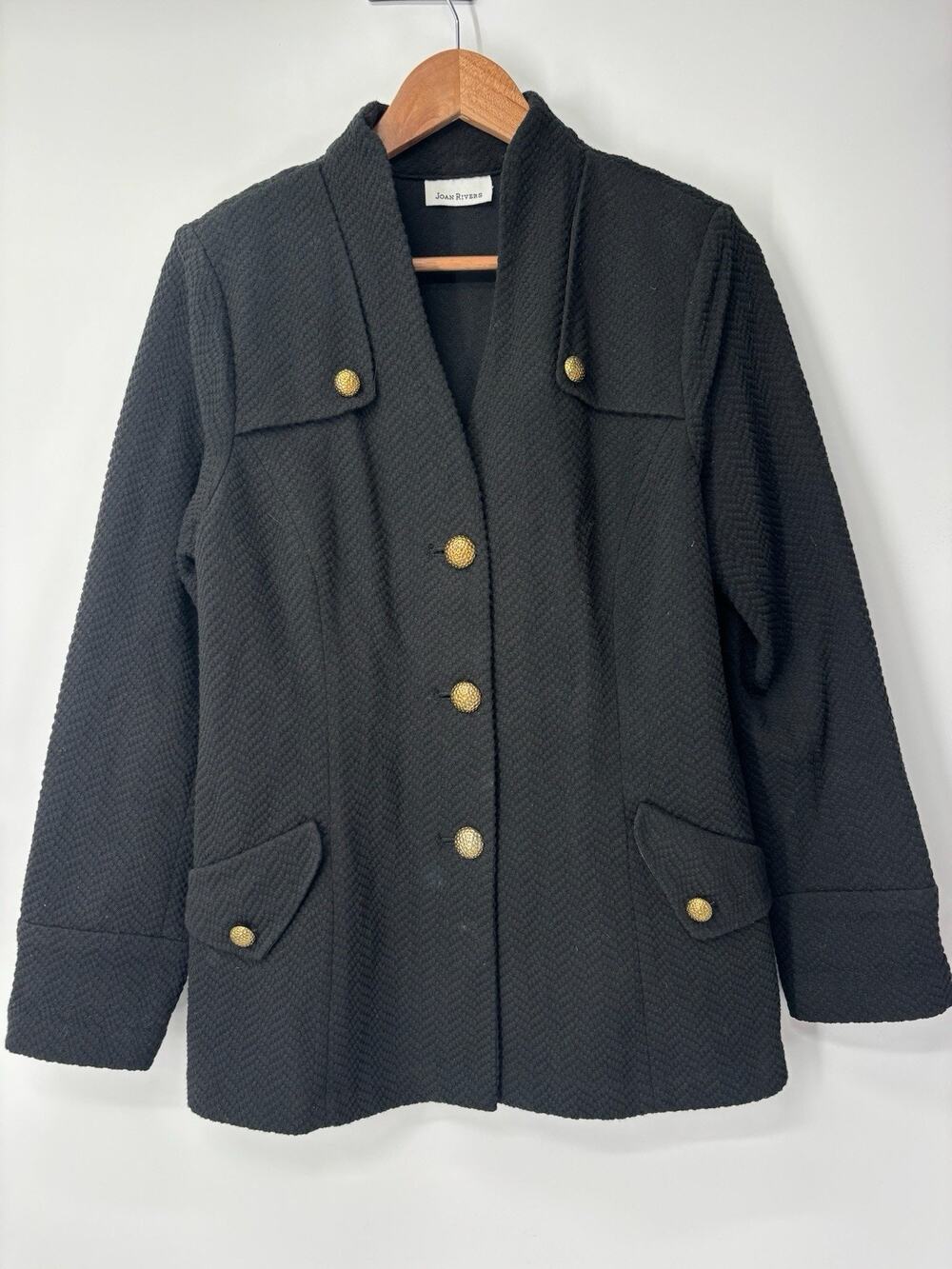 Joan Rivers Womens Black Textured Blazer Jacket Size Medium Gold Buttons Pockets